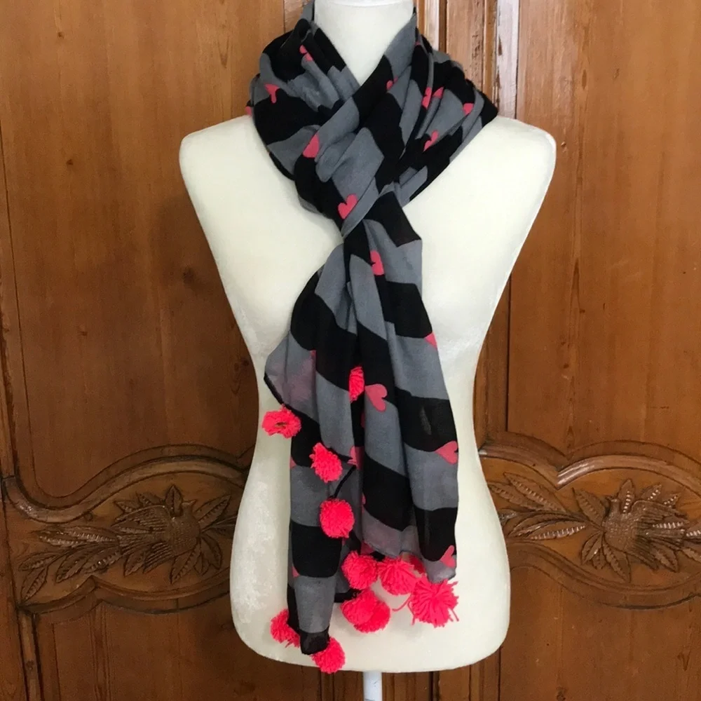 Betsey Johnson Black, Gray, Pink Scarf W/ PomPoms